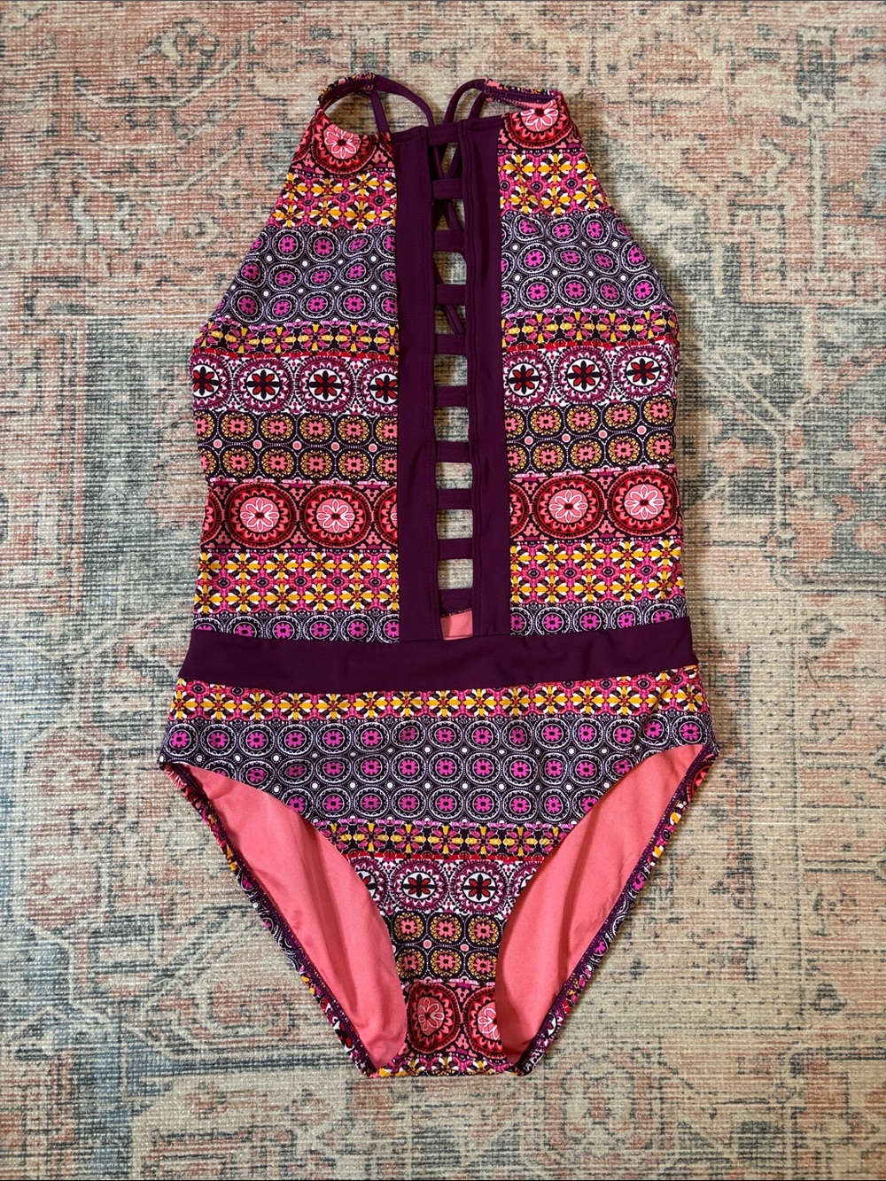 Bleu Rod Beattie Purple & Pink High Neck One-Piece Swimsuit Size 4